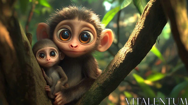 Cute Monkeys Embracing in the Forest AI Image