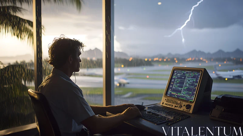 Airport Controller During Thunderstorm AI Image