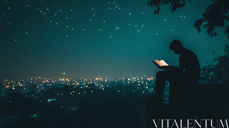 Silhouette Reading at Night AI Image