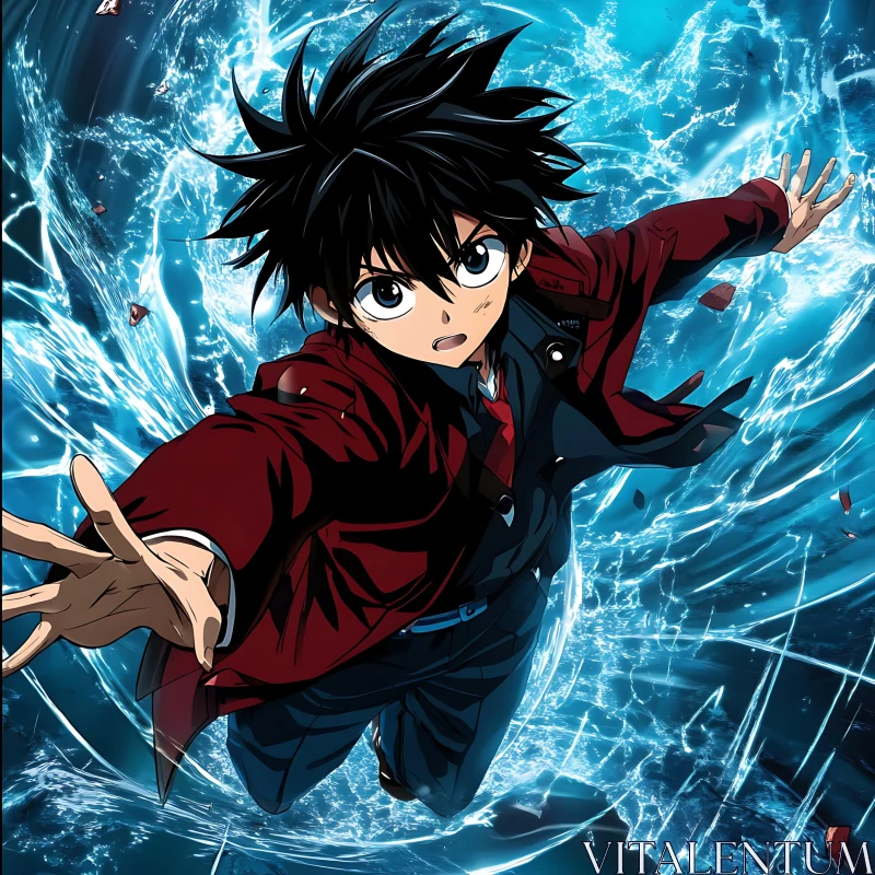 Energetic Pose of Anime Hero with Blue Swirl Effect AI Image