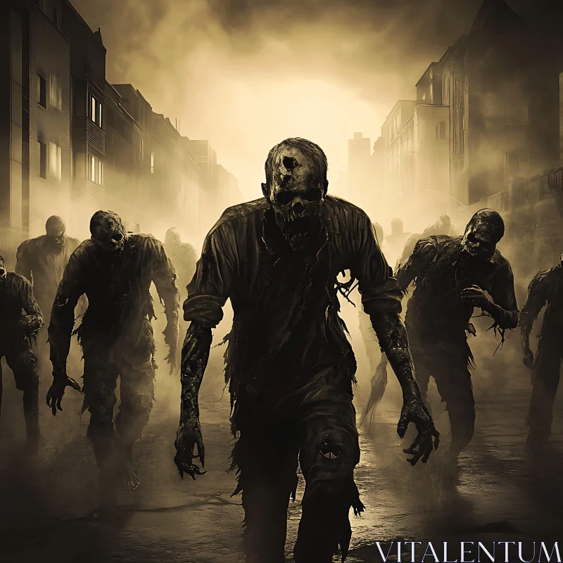 Undead March Through Foggy Streets AI Image