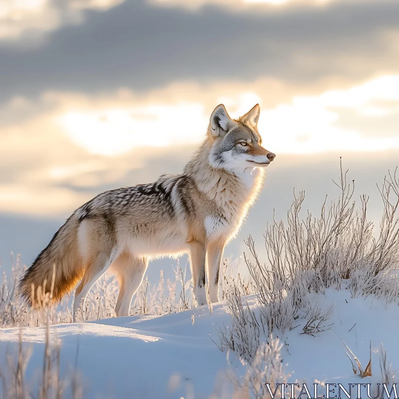 Wild Coyote Portrait in Snowy Field AI Image