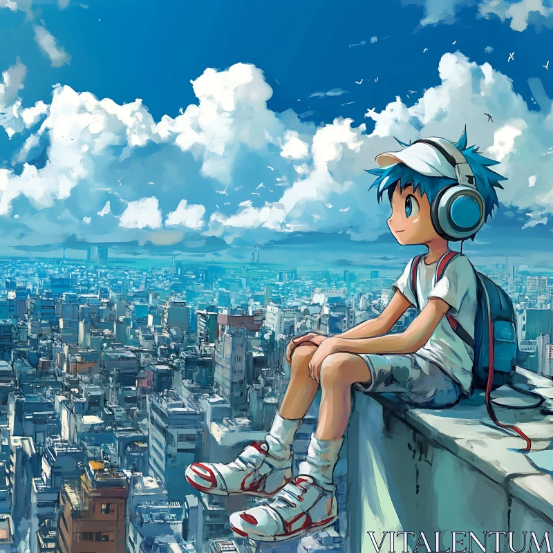 Urban Rooftop View with Anime Character AI Image