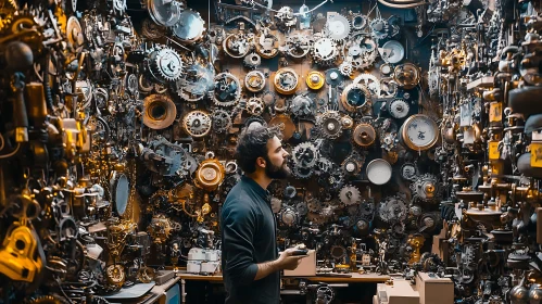 Mechanical Assemblage with Man in Steampunk Setting