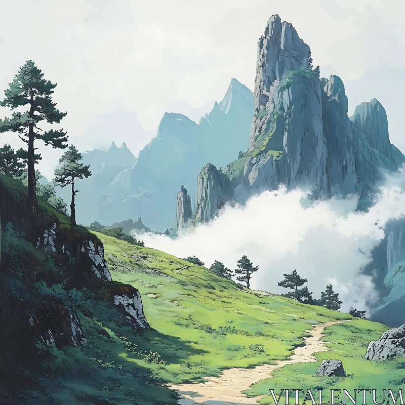 AI ART Tranquil Mountain Vista with Green Meadow