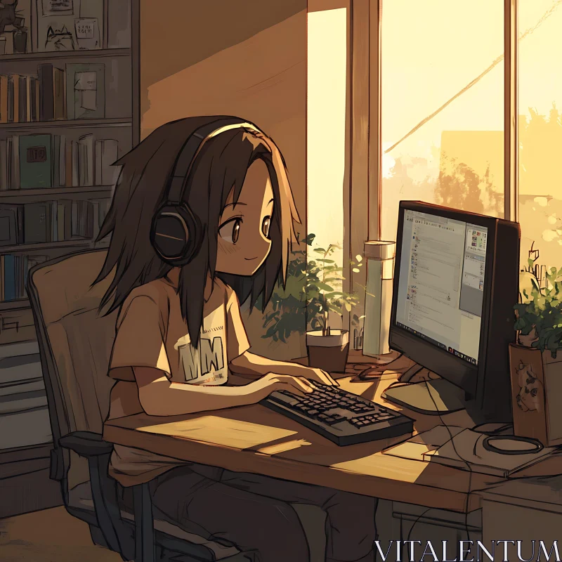 Cozy Anime Workspace with Sunset Lighting AI Image