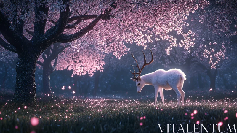 Tranquil Scene with Deer in Blooming Orchard AI Image