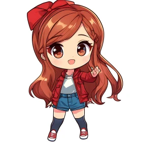 Cute Anime Character with Red Jacket and Bow