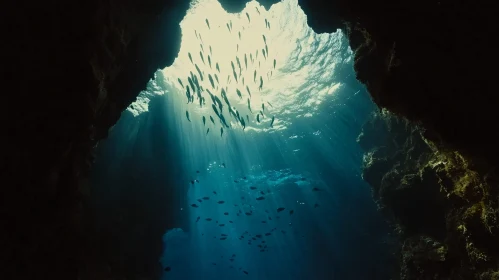 Sunlit Underwater Cave Fish School