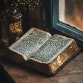 Antique Book and Flowers Still Life