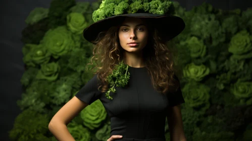 Captivating Young Woman in Black Dress with Green Vegetables | Luxurious Textures