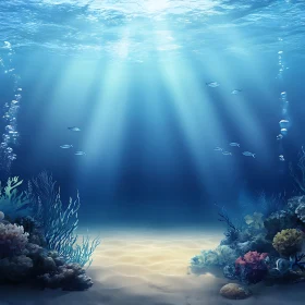 Sunlit Ocean Floor with Fish and Coral