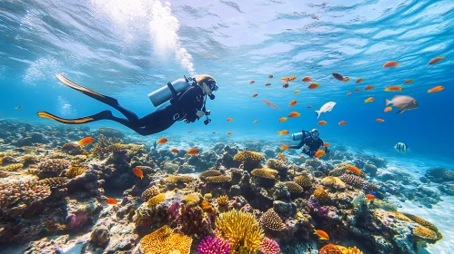 Scuba Divers Among Coral Reef and Fish