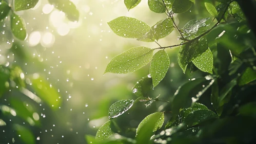 Sunlit Green Foliage with Water Drops