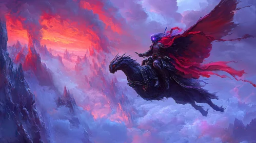 Warrior on Dragon in Colorful Sky