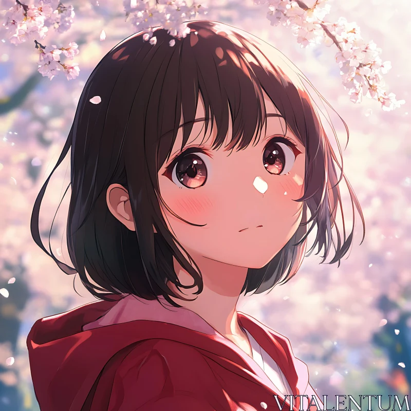 Thoughtful Anime Girl Surrounded by Sakura Flowers AI Image