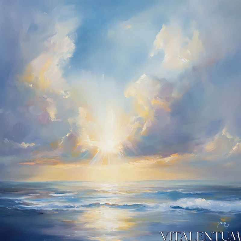 Coastal Sunrise Art with Sun Rays AI Image