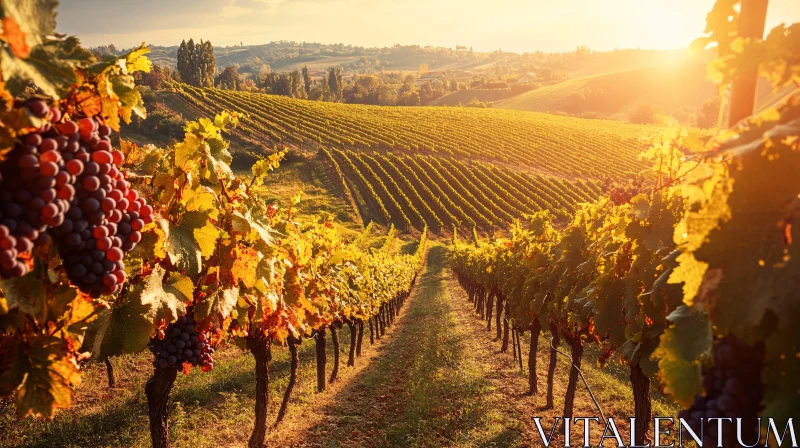 AI ART Golden Sunset Over Vineyard with Grapevines