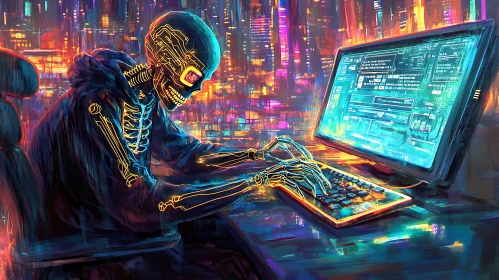Skeleton Hacker in the Neon Cityscape