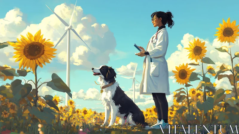 AI ART Veterinarian with dog in the field of sunflowers