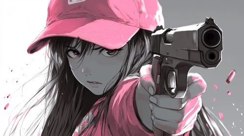 Girl with Gun Illustration | Pink Cap Anime Art