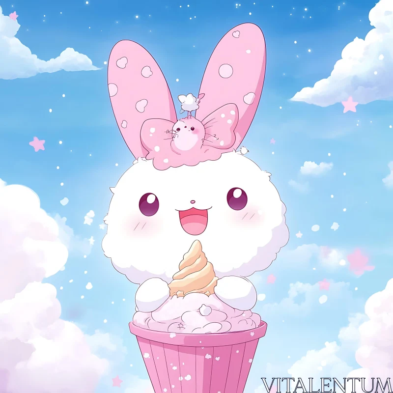 Adorable Bunny with Ice Cream in Dreamy Cloud Sky AI Image