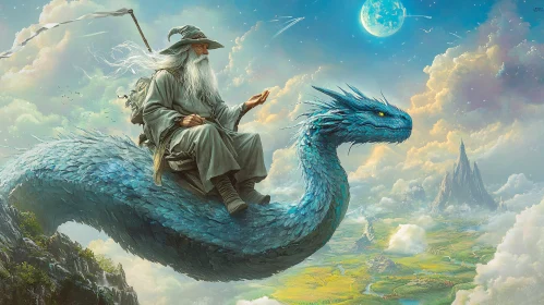 Fantasy Art of Wizard and Dragon