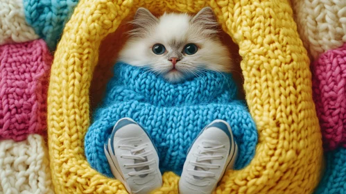 Cute Kitten in Colorful Knitted Attire