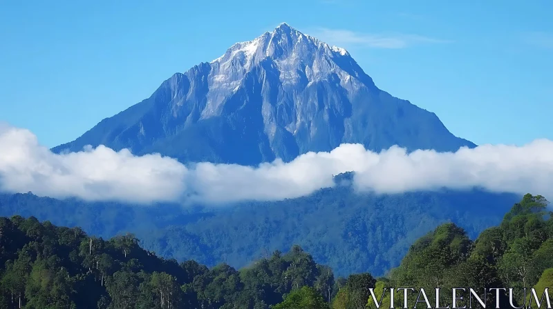 Snow-Capped Mountain Peak Above Green Forest AI Image