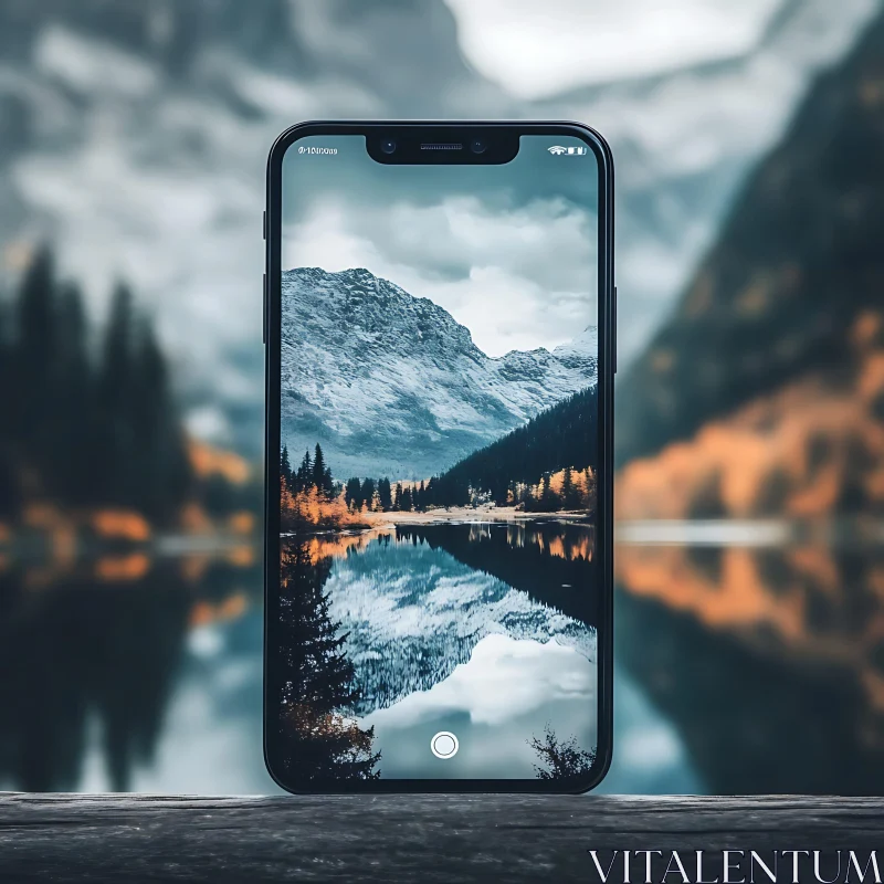 Phone Displaying Mountain Lake Scenery AI Image