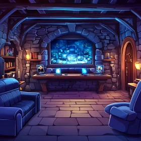 Cozy Stone Room with Laptops and Blue Light