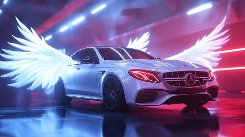 Luxury Car with Angel Wings in Neon Lights