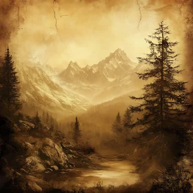 Sepia-Toned Mountain Valley Vista