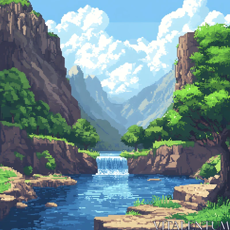 AI ART Serene Waterfall with Mountain Backdrop