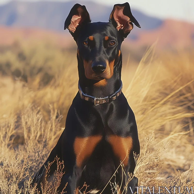 Alert Doberman Posing in Desert AI Image