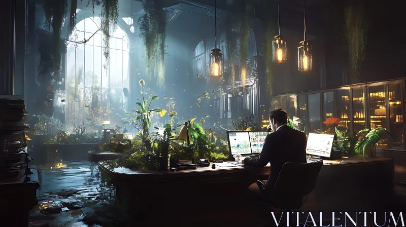 Indoor Office with Plants and Man Working AI Image