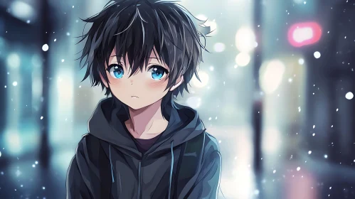 Reflective Anime Youth in Night Snow