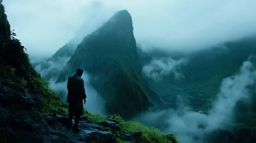 Lone Figure Amidst Verdant Peaks