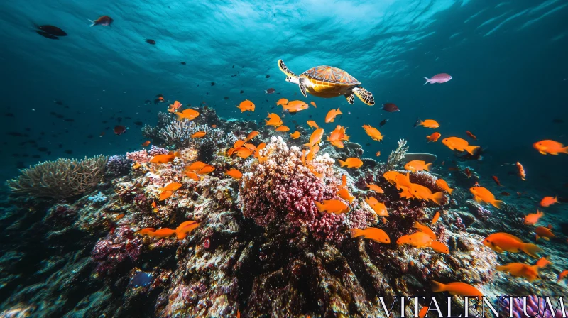 Underwater Scene with Turtle and Fishes AI Image