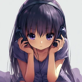 Purple Haired Anime Girl Listening to Music