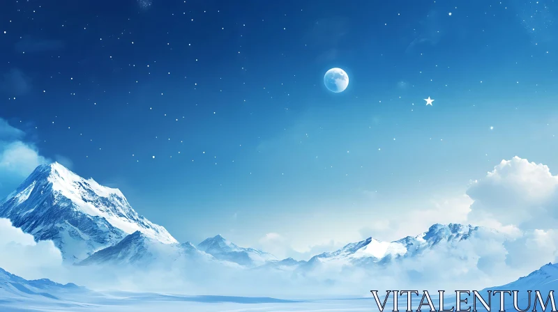 Snowy Peaks Under Moonlight AI Image