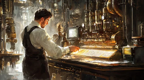 Man Operating Machine in Steampunk Lab