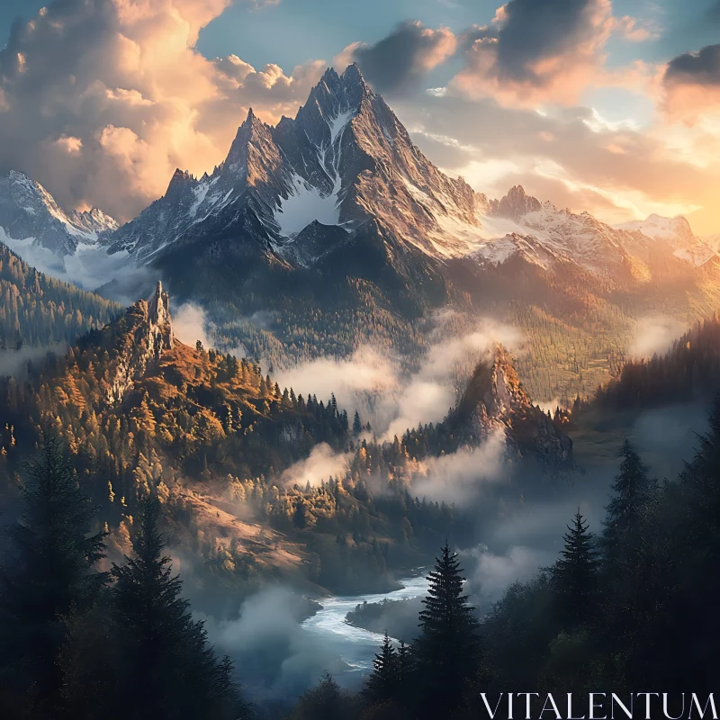 Mountainous Landscape with River and Clouds AI Image