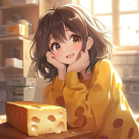 Cute Anime Girl in Morning Kitchen with Cheese