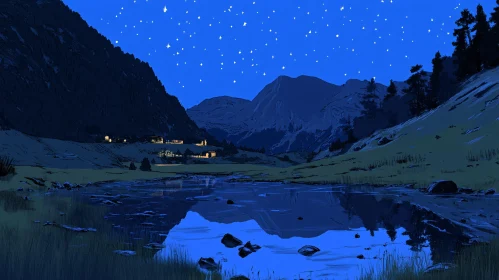 Starry Night Over Mountain Lake Village