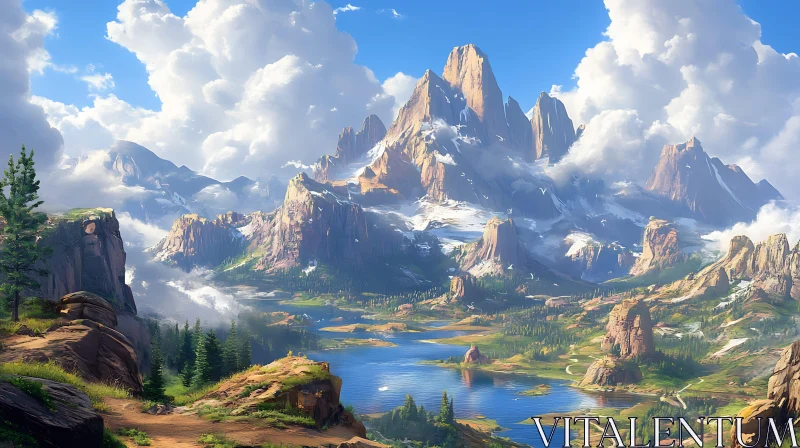 Picturesque Mountain and Lake Landscape AI Image