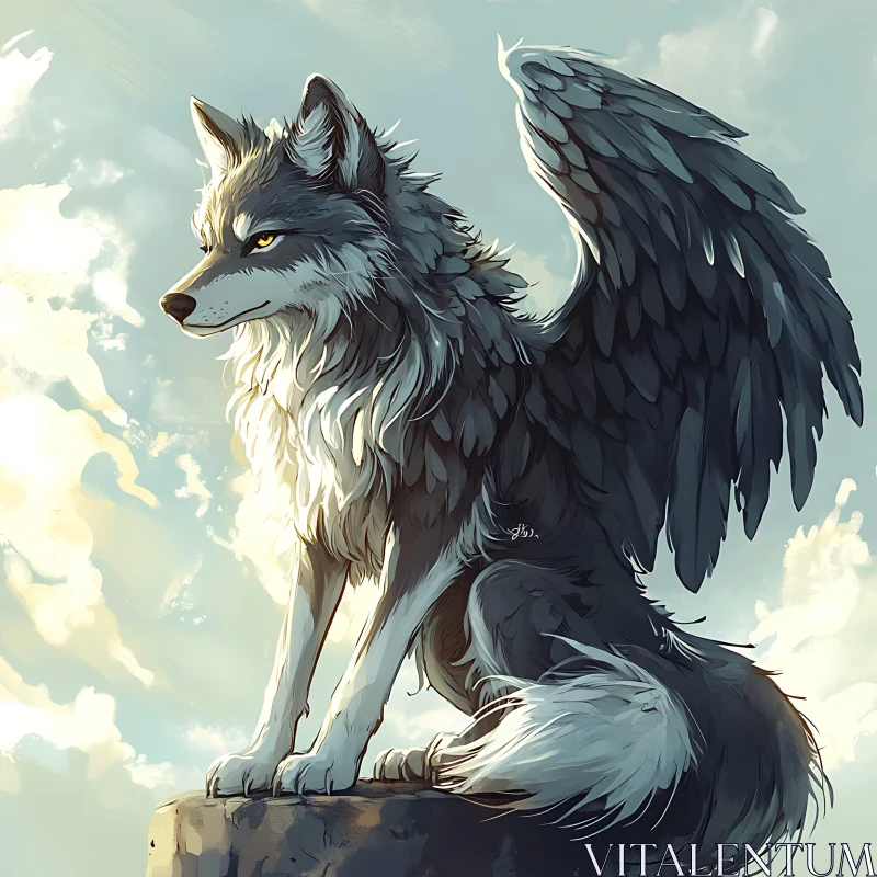 Fantasy Winged Wolf on Stone AI Image