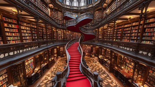 Majestic Library Interior with Red Spiral Staircase