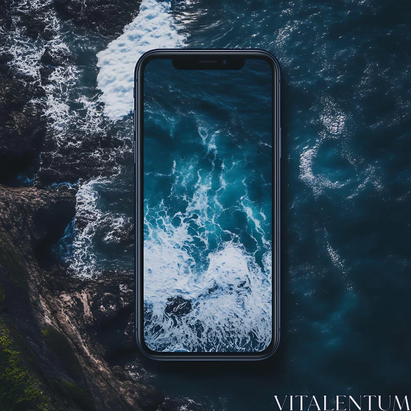 Smartphone Displaying Ocean Waves AI Image