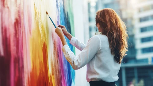 Woman Painting a Vivid Wall Mural